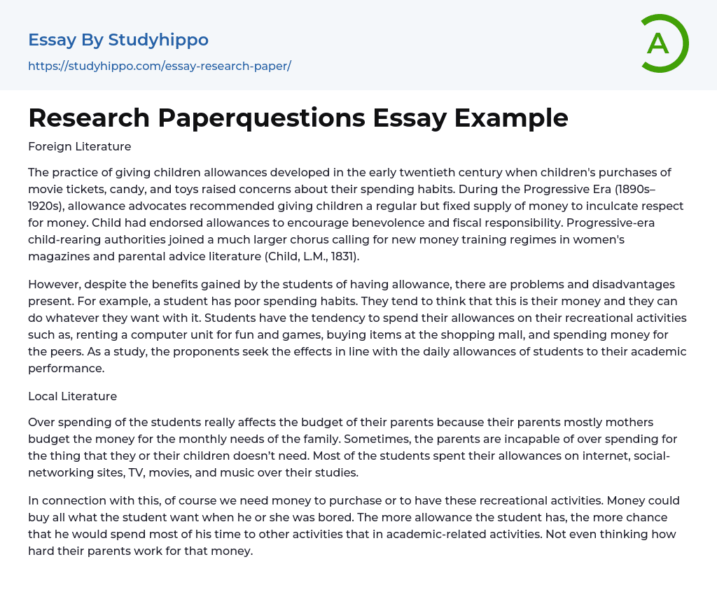 Research Paperquestions Essay Example