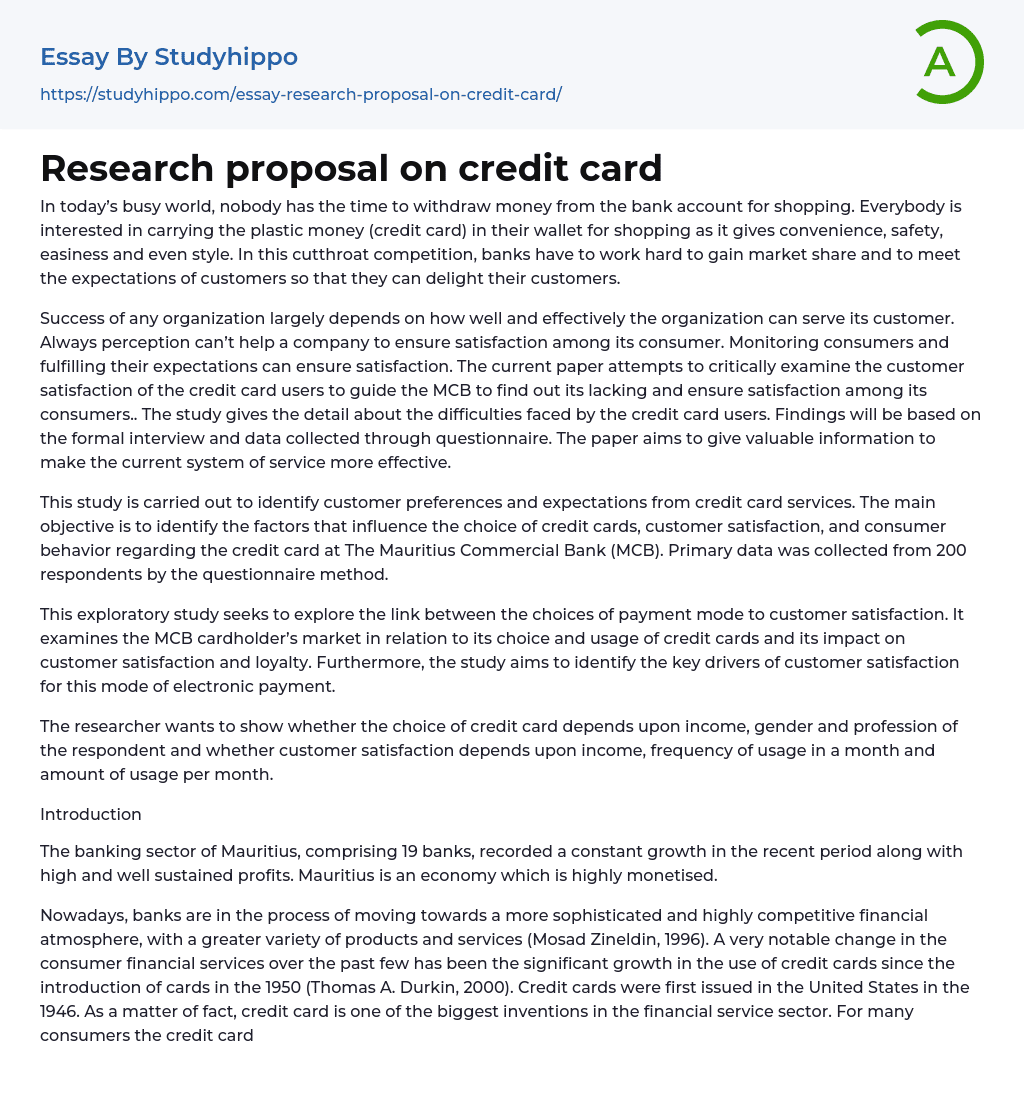 Research proposal on credit card Essay Example