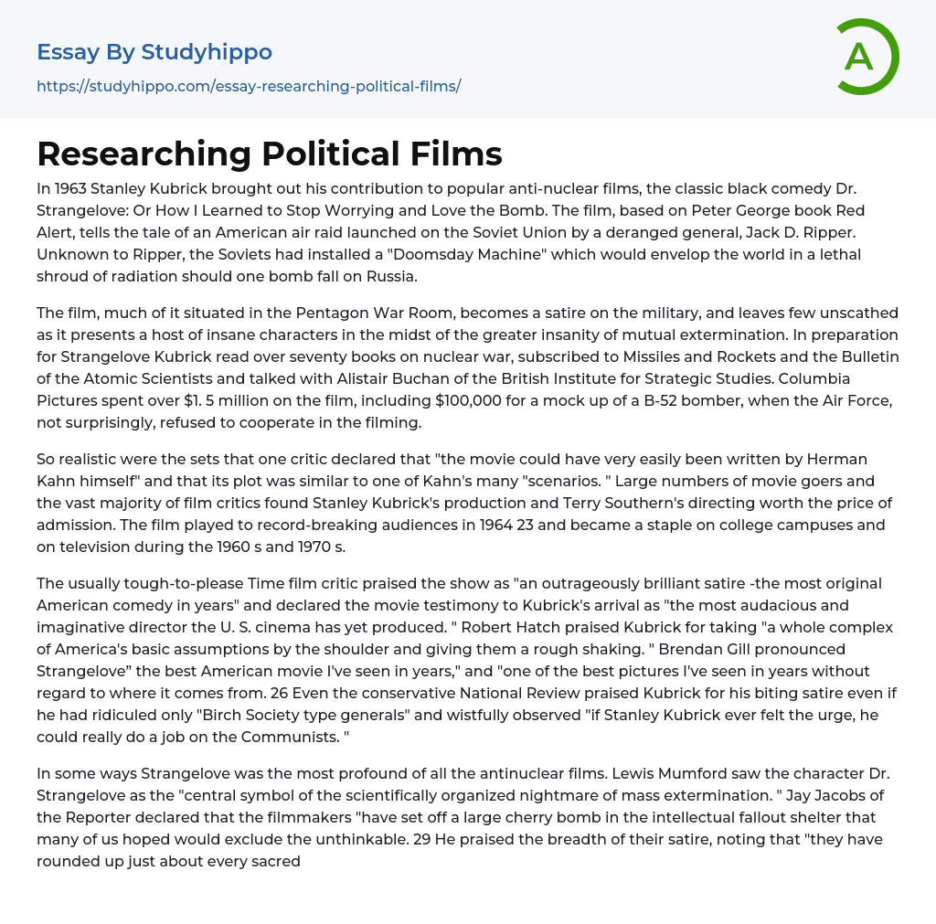 Researching Political Films Essay Example