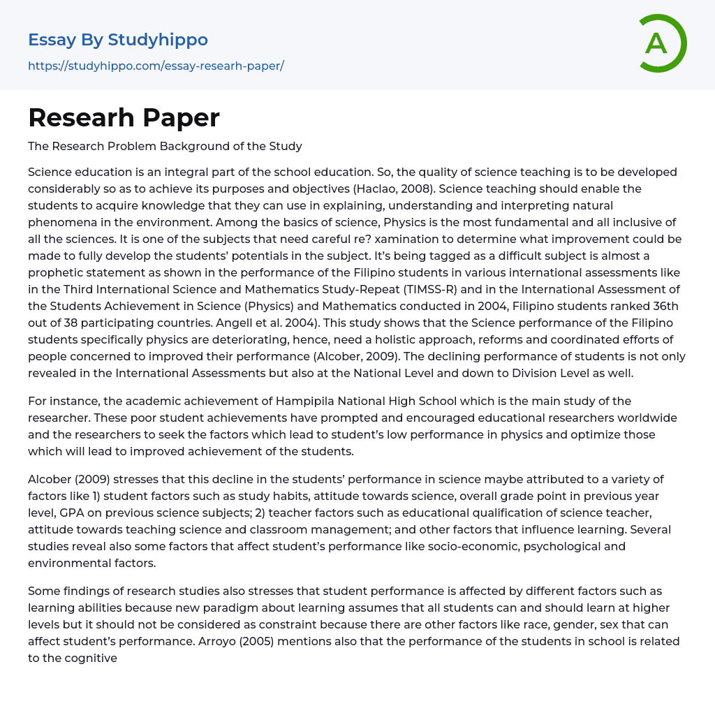 Researh Paper Essay Example