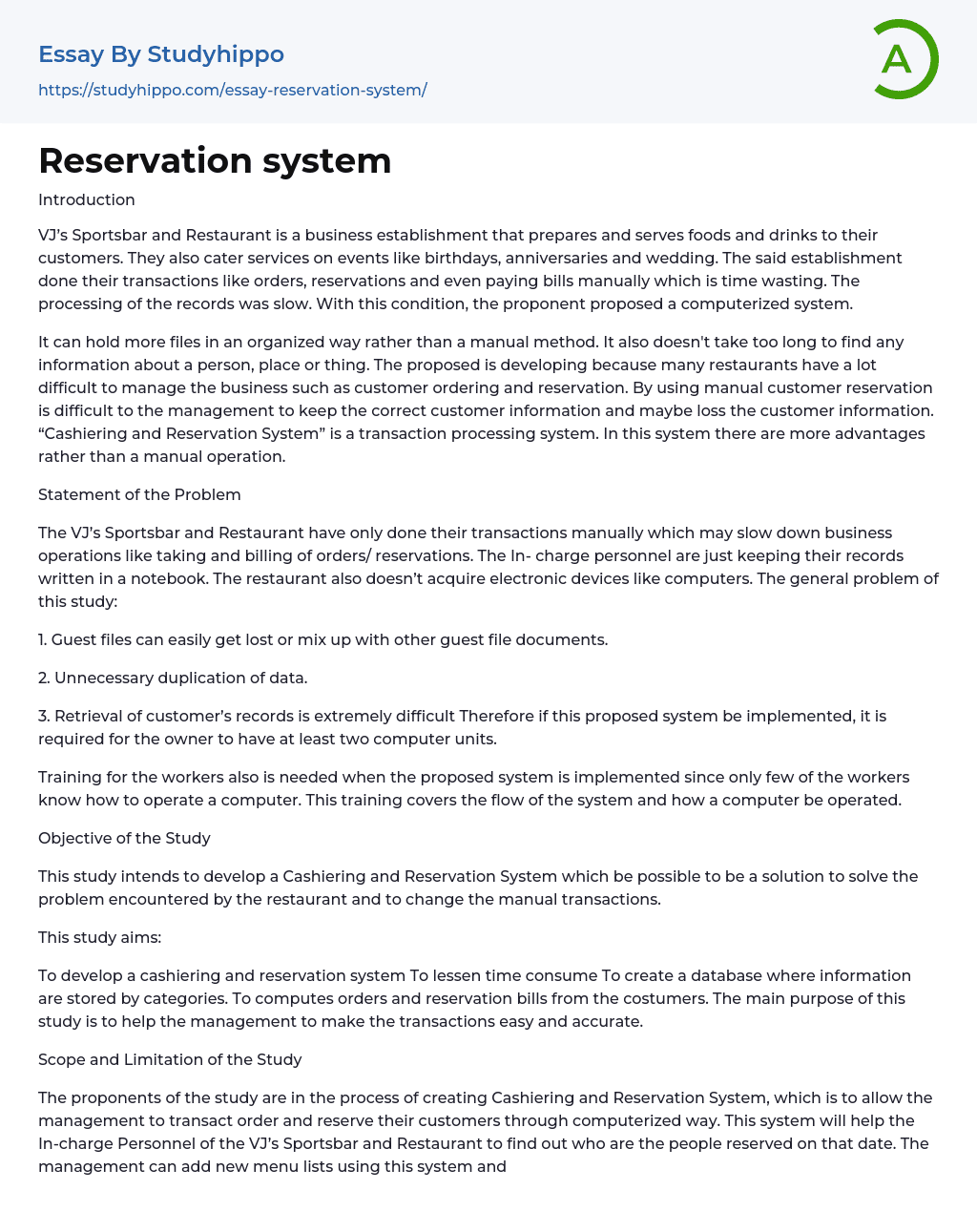 Reservation system Essay Example