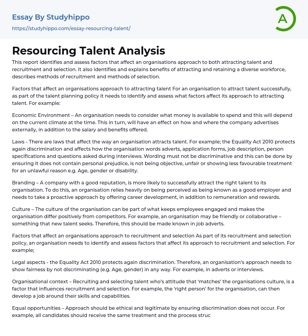 Resourcing Talent Analysis Essay Example