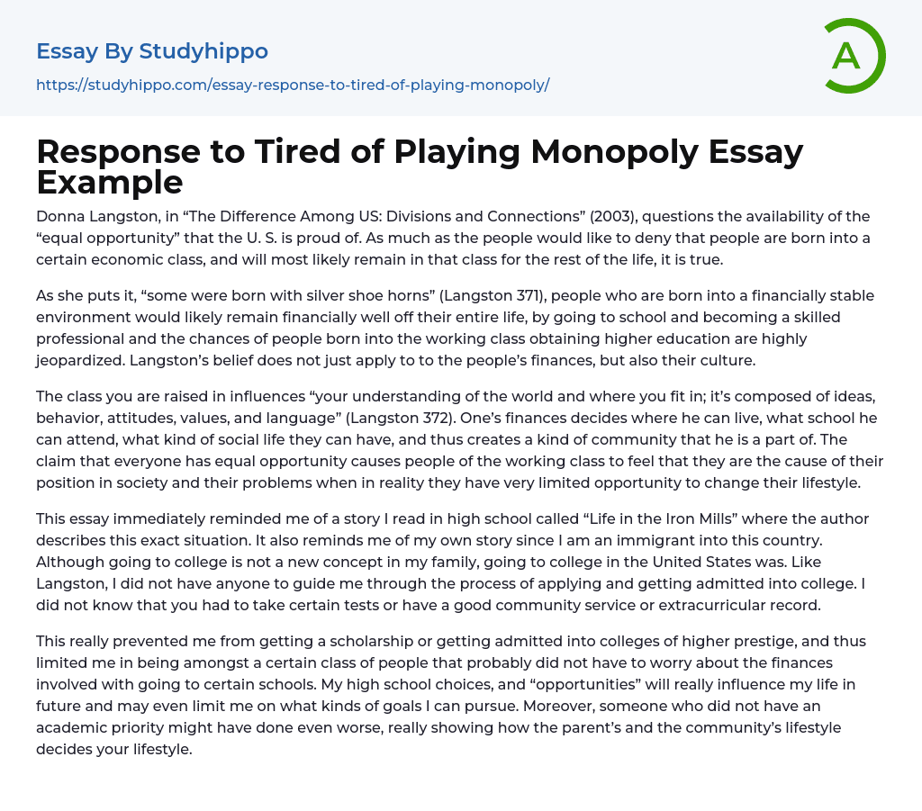 Response to Tired of Playing Monopoly Essay Example