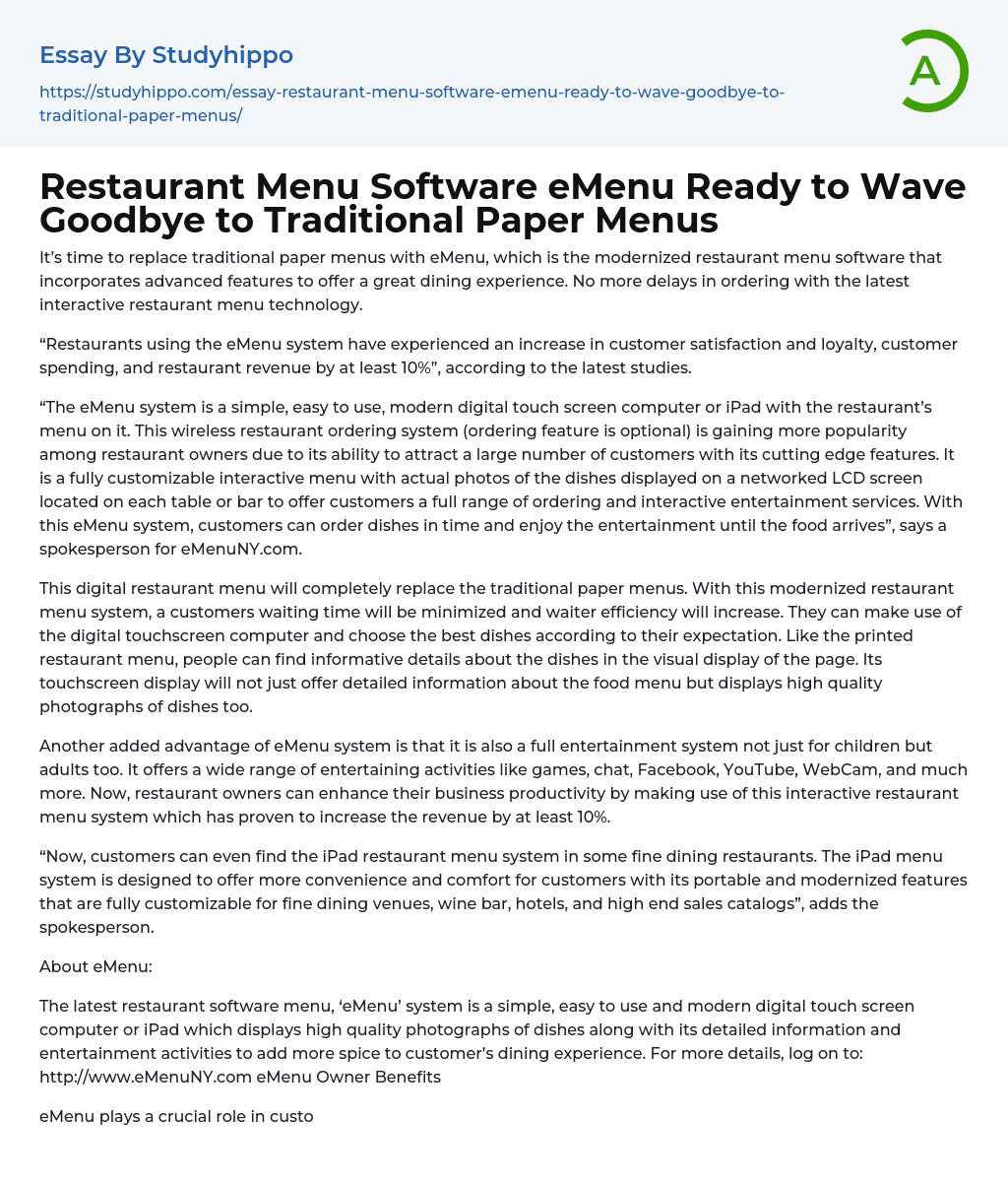 Restaurant Menu Software eMenu Ready to Wave Goodbye to Traditional Paper Menus Essay Example
