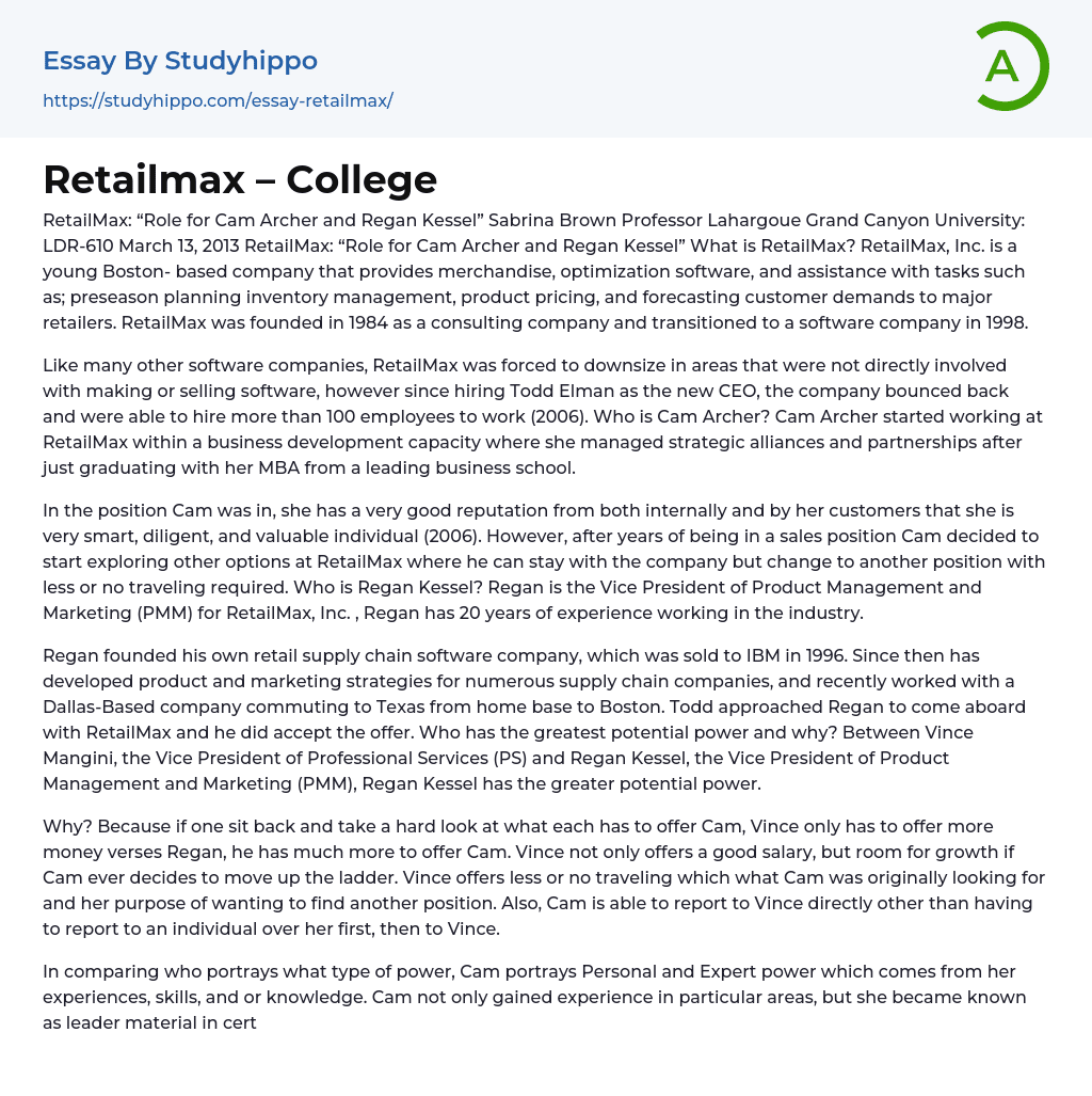 Retailmax – College Essay Example