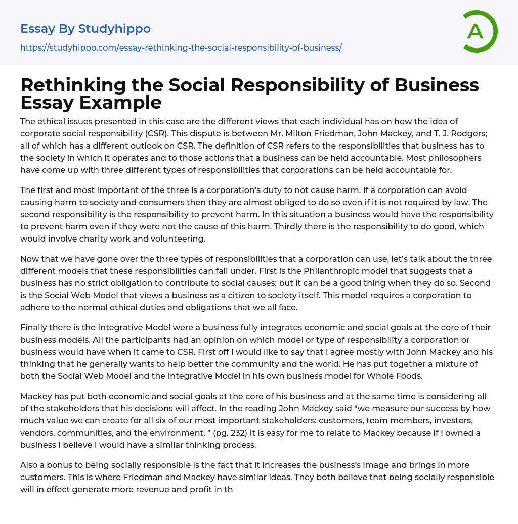 Rethinking the Social Responsibility of Business Essay Example