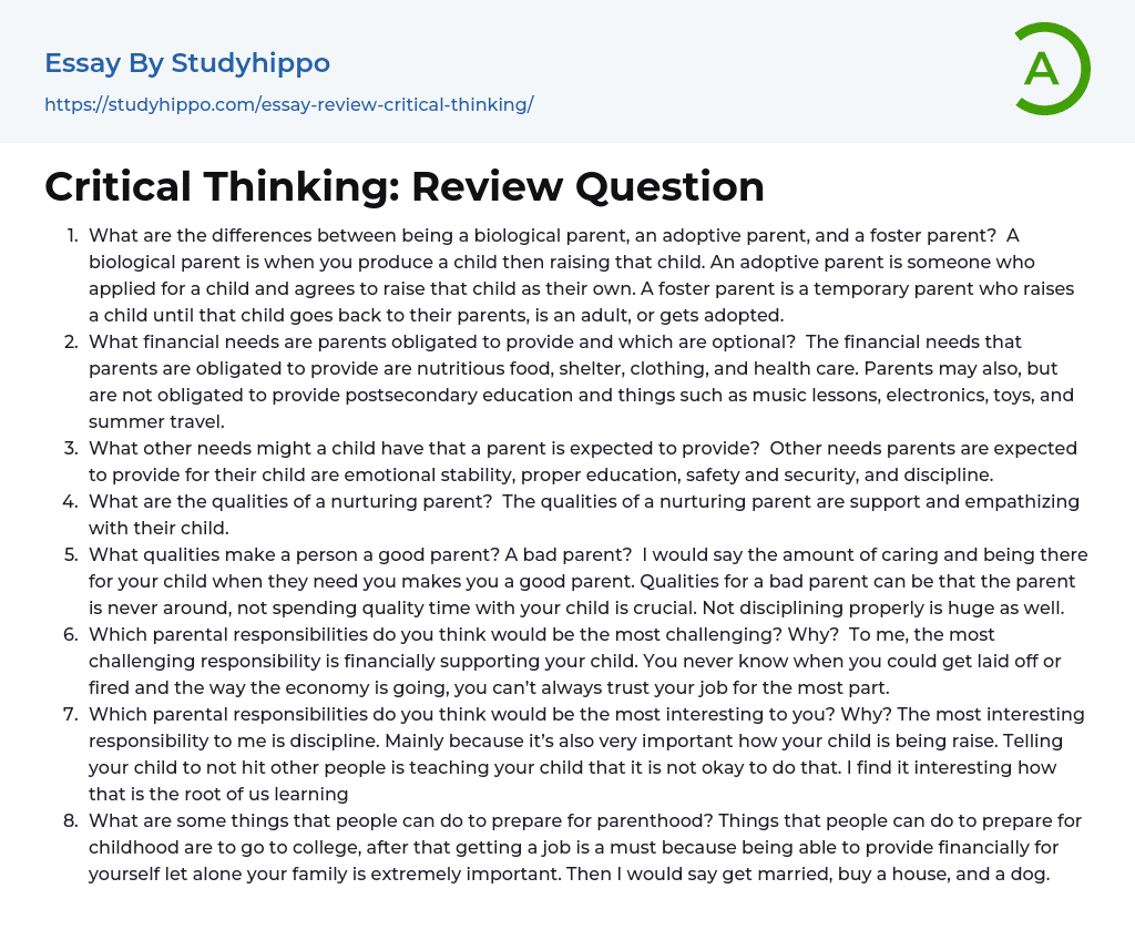 Critical Thinking: Review Question Essay Example