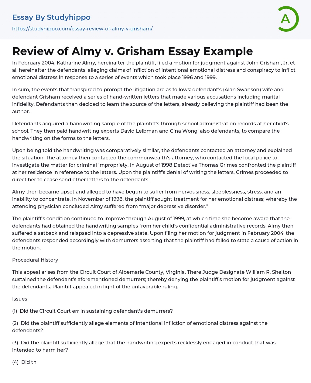 Review of Almy v. Grisham Essay Example