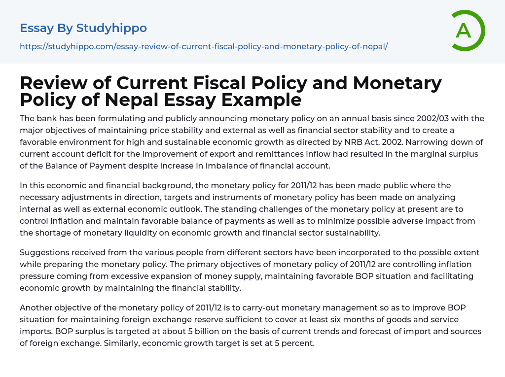 Review of Current Fiscal Policy and Monetary Policy of Nepal Essay Example