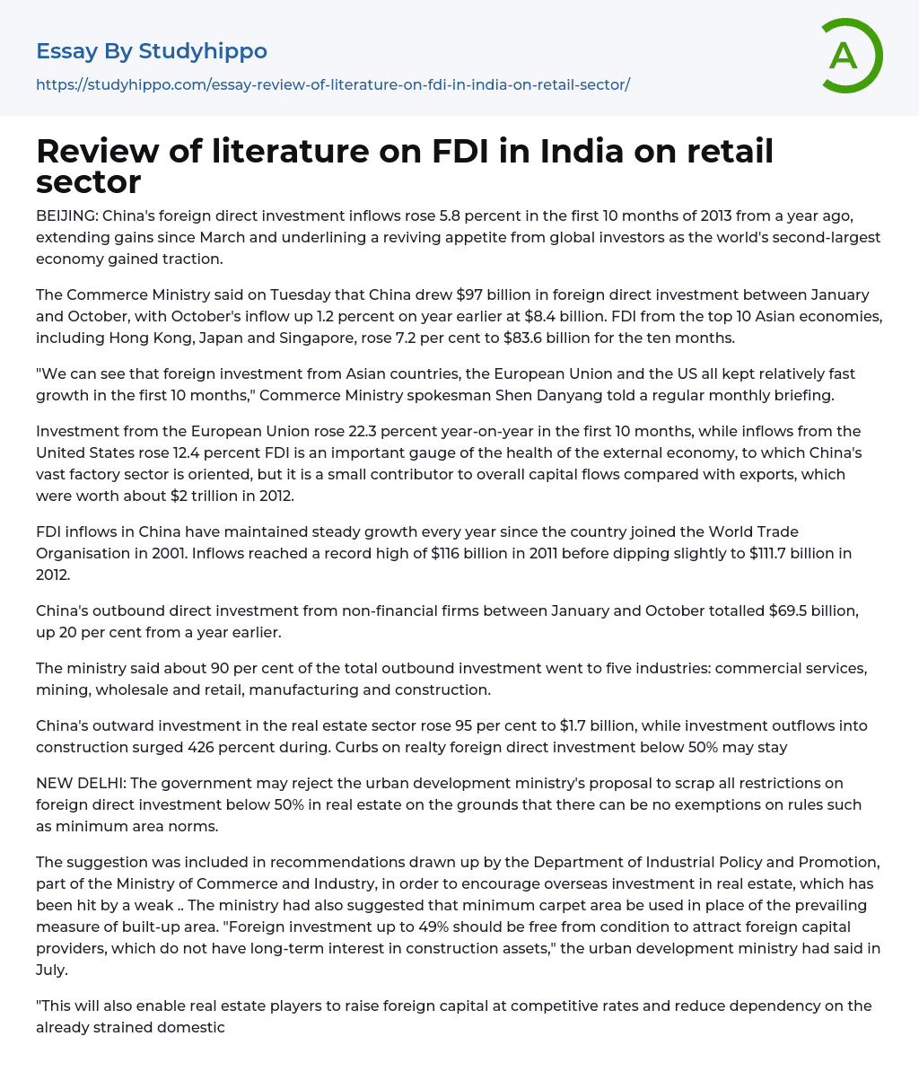 Review of literature on FDI in India on retail sector Essay Example