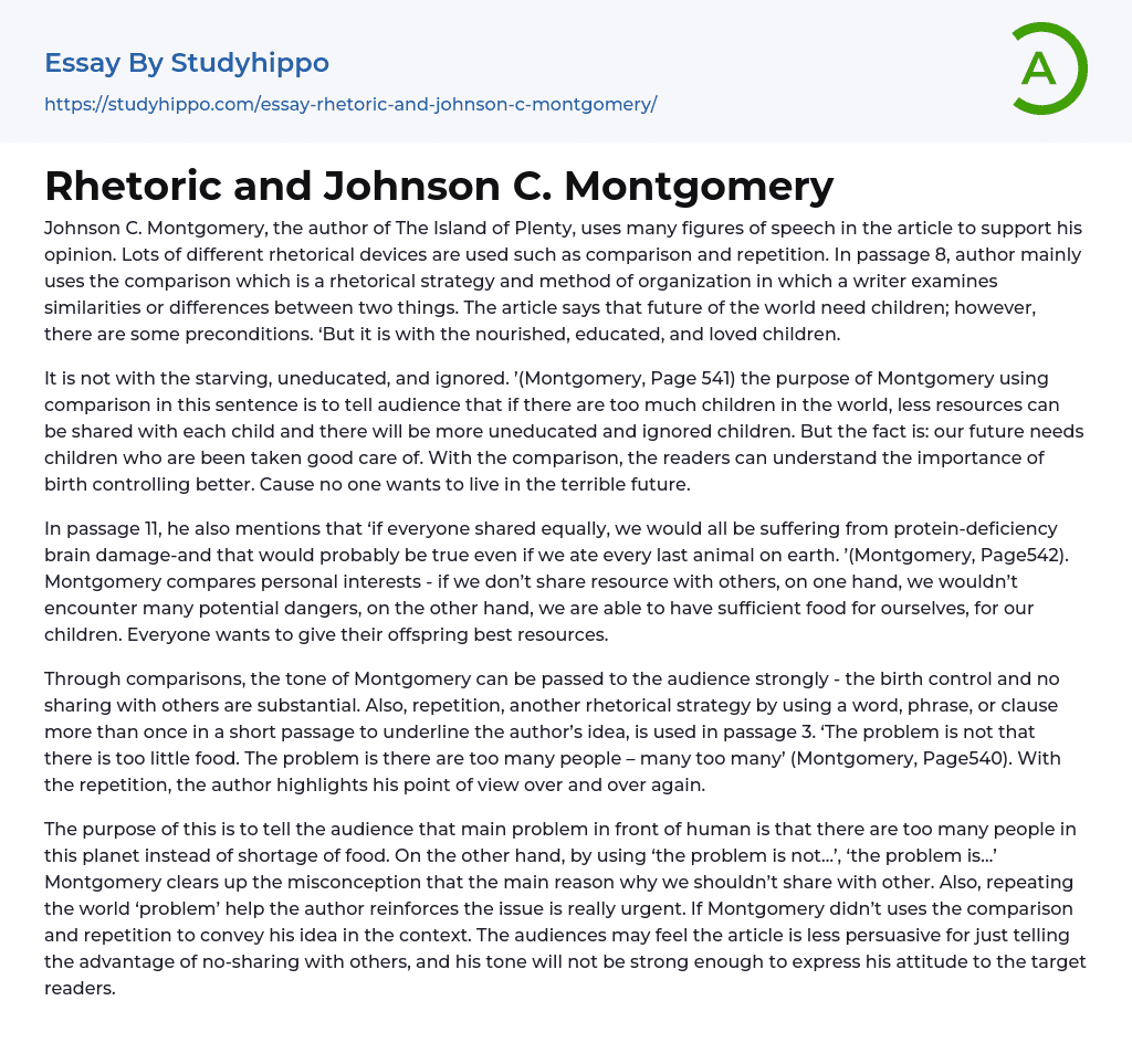 Rhetoric and Johnson C. Montgomery Essay Example