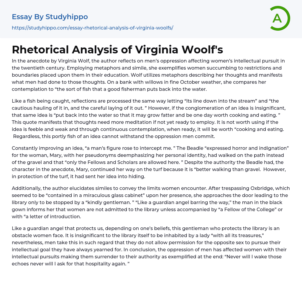 Rhetorical Analysis of Virginia Woolf’s Essay Example