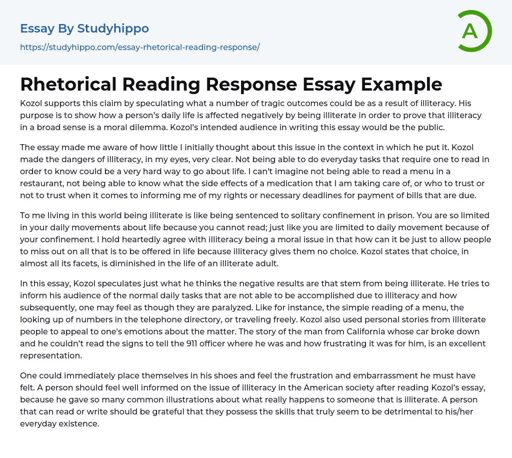 Rhetorical Reading Response Essay Example