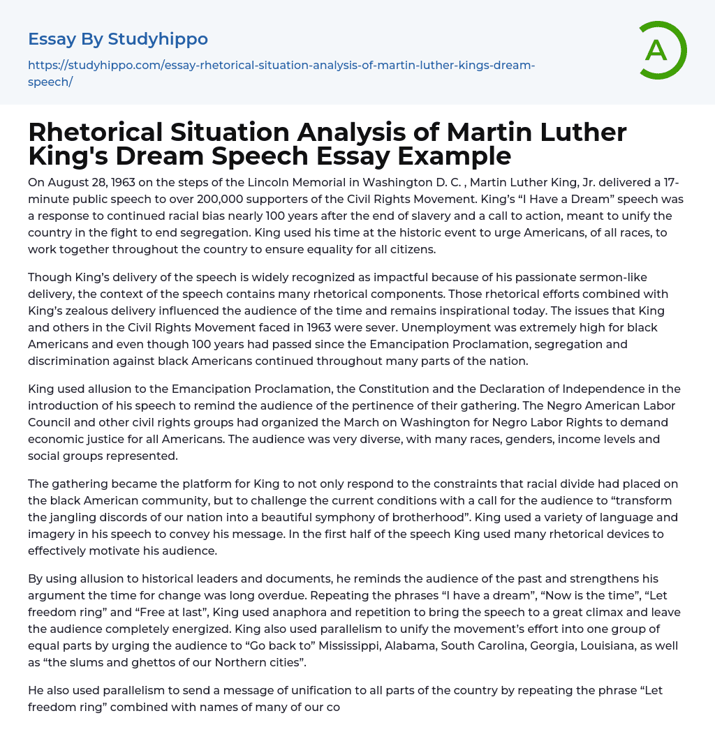 Rhetorical Situation Analysis of Martin Luther King’s Dream Speech Essay Example