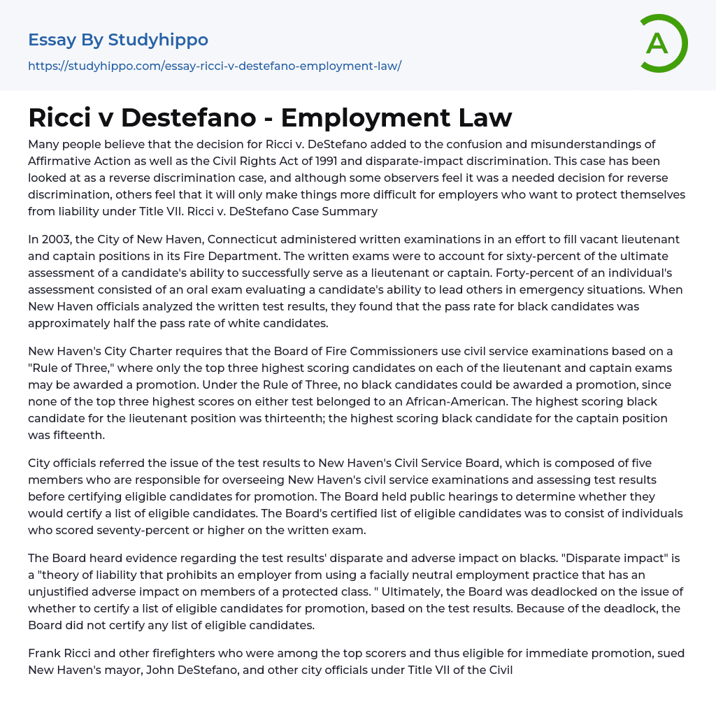 Ricci v Destefano – Employment Law Essay Example