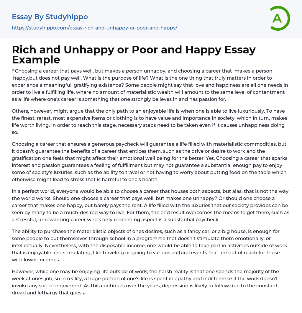 Rich and Unhappy or Poor and Happy Essay Example