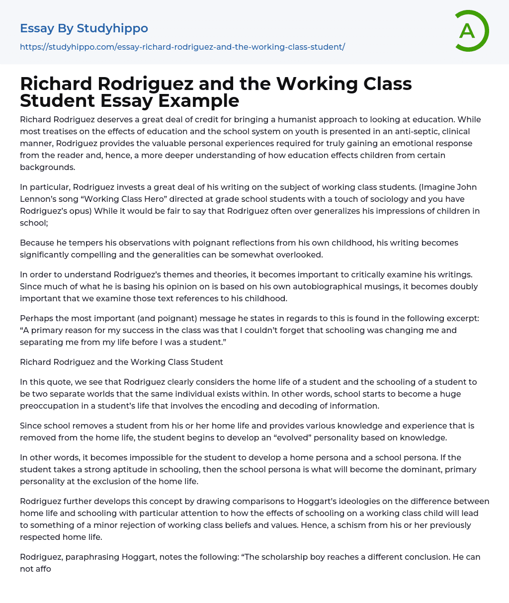 Richard Rodriguez and the Working Class Student Essay Example