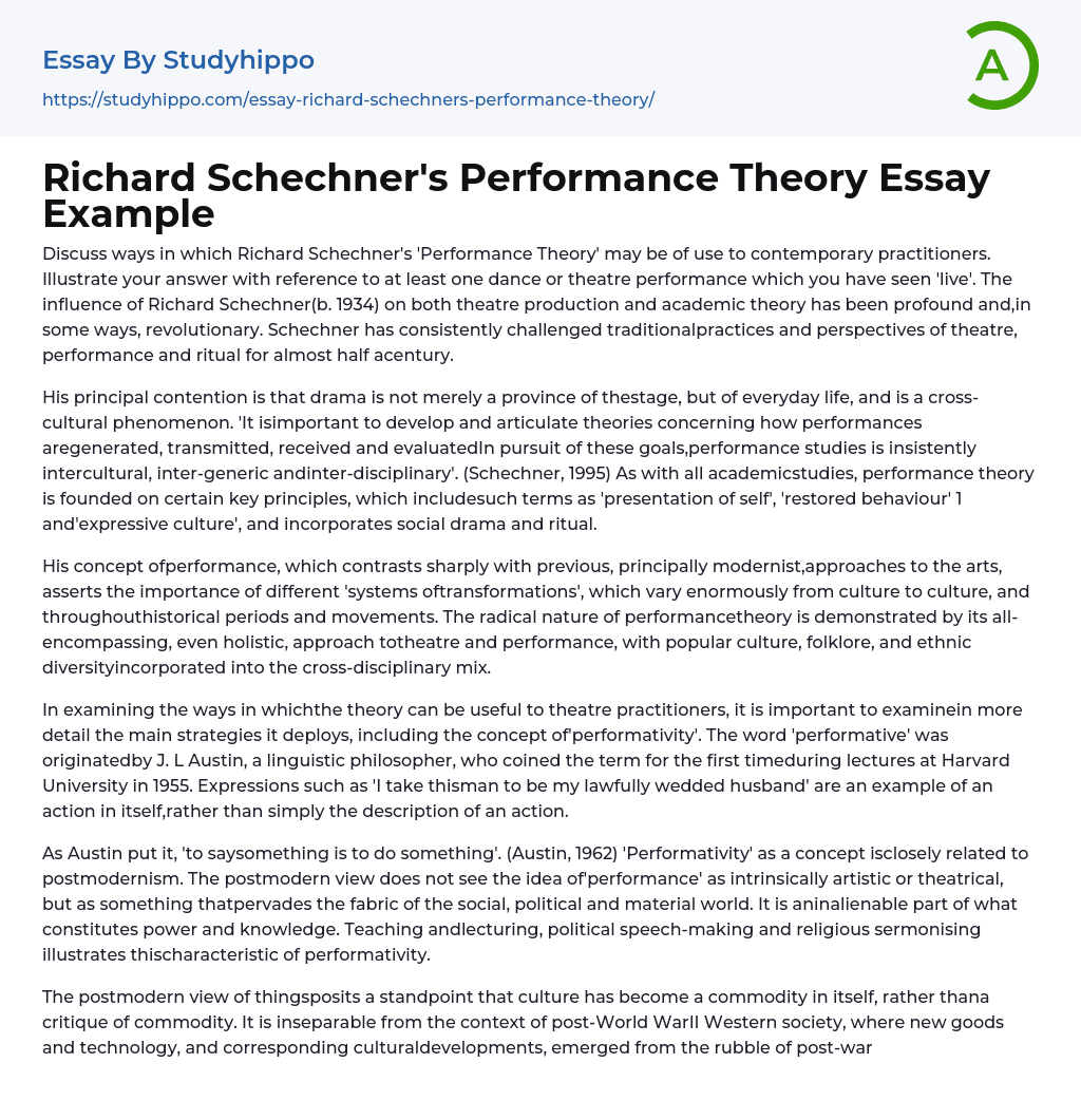 Richard Schechner’s Performance Theory Essay Example