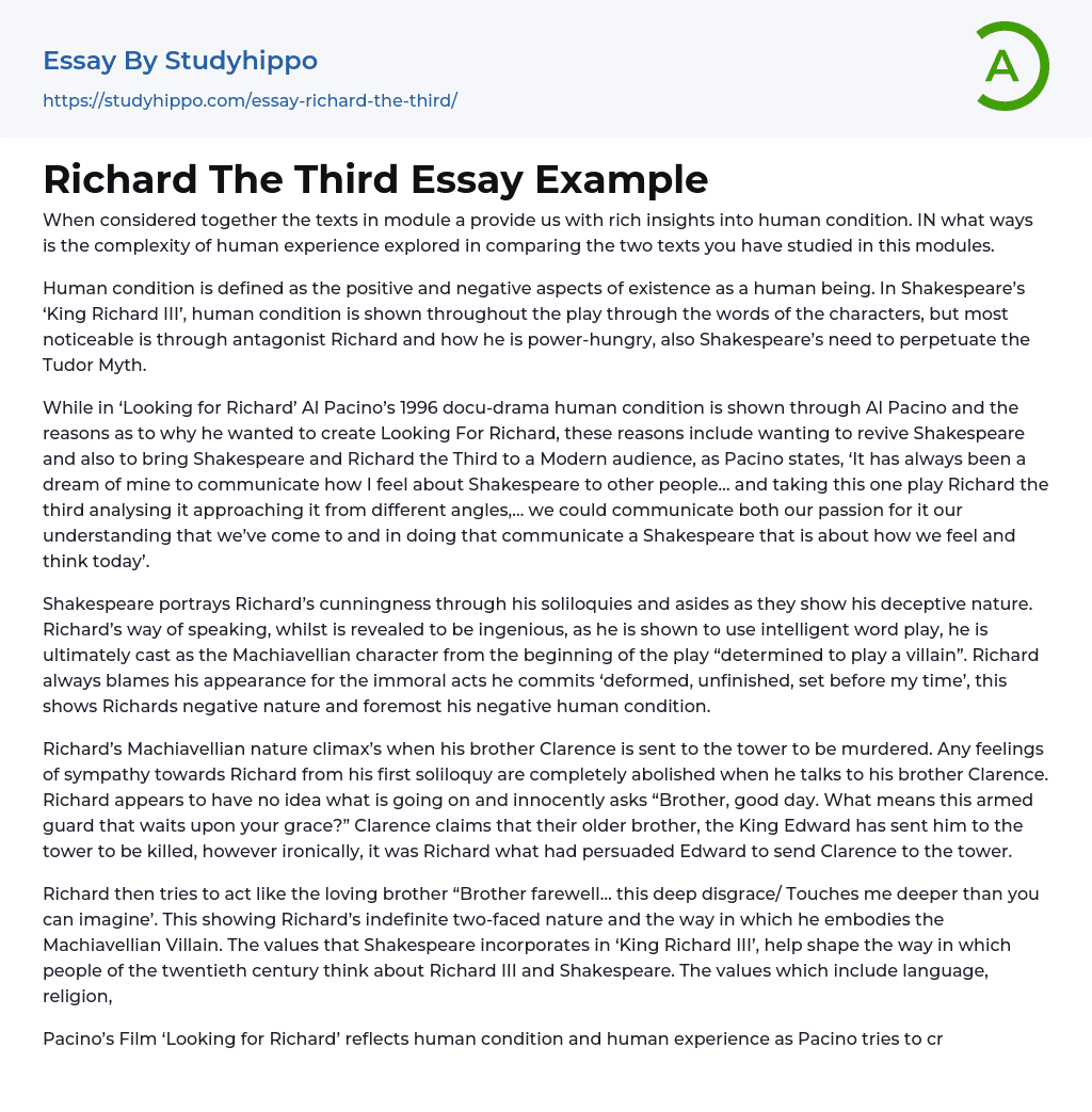 Richard The Third Essay Example