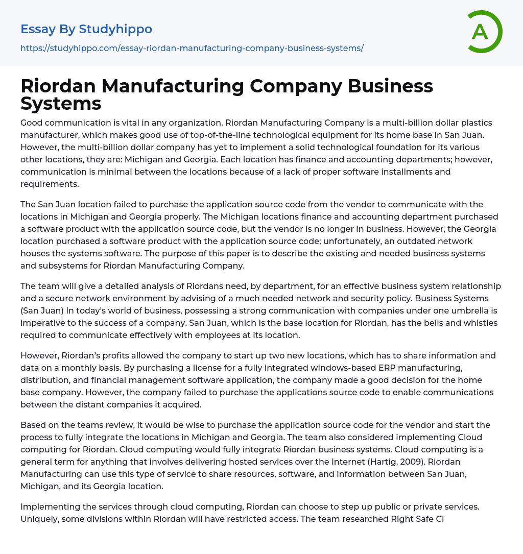 Riordan Manufacturing Company Business Systems Essay Example