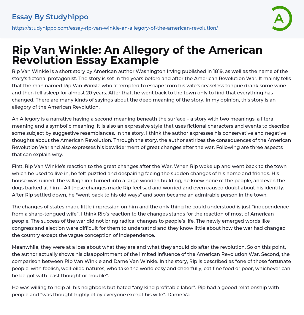 Rip Van Winkle: An Allegory of the American Revolution Essay Example