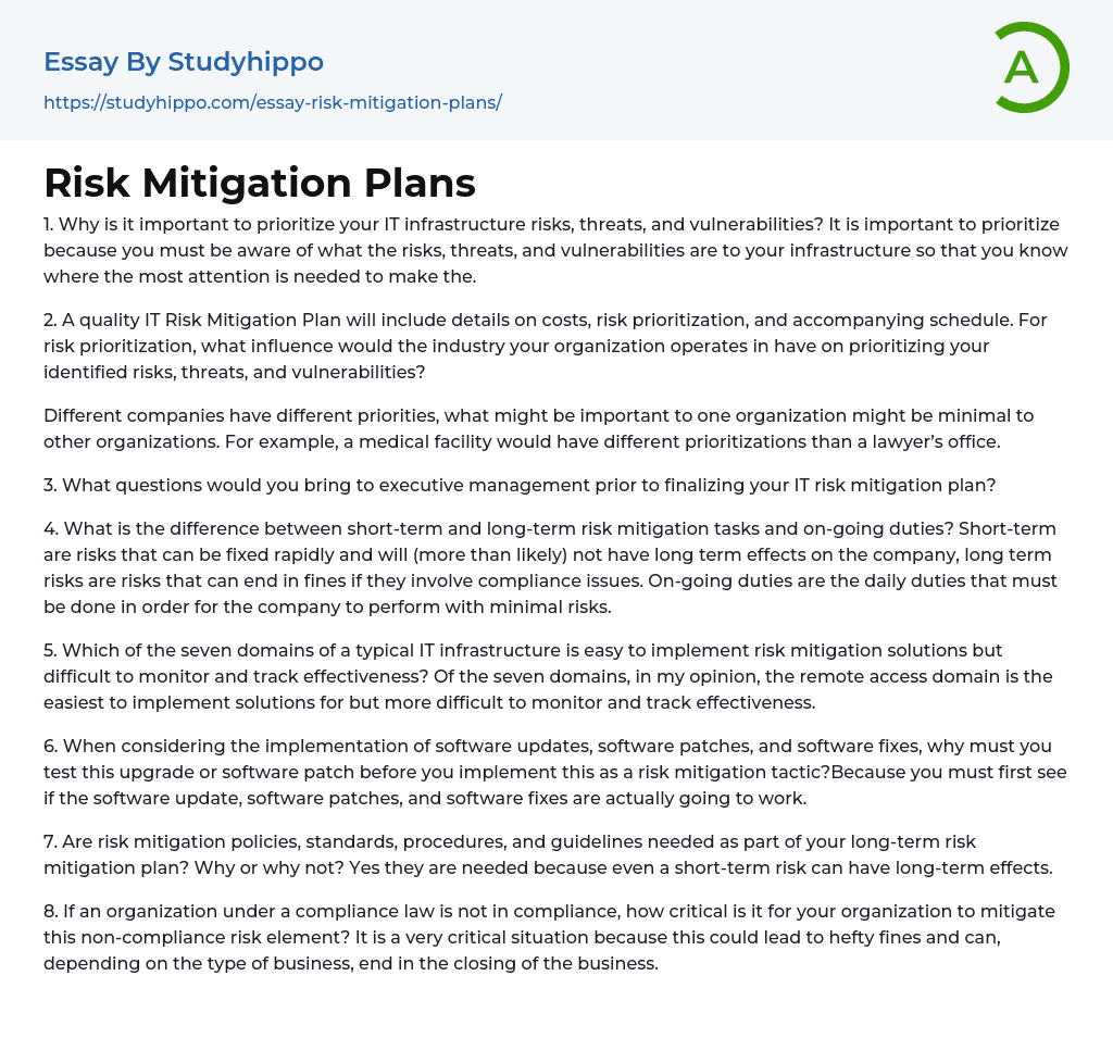 Risk Mitigation Plans Essay Example