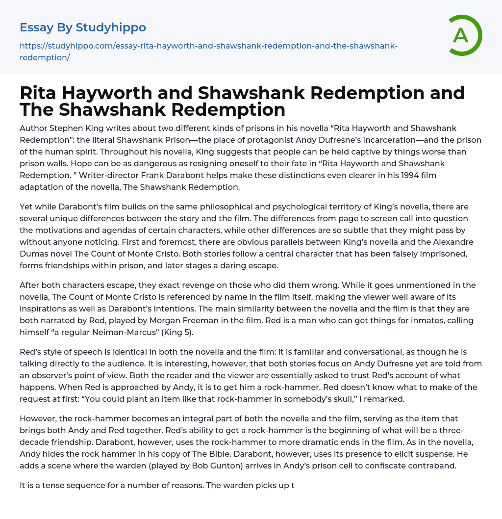Rita Hayworth and Shawshank Redemption and The Shawshank Redemption Essay Example