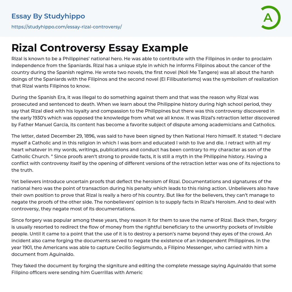 Rizal Controversy Essay Example