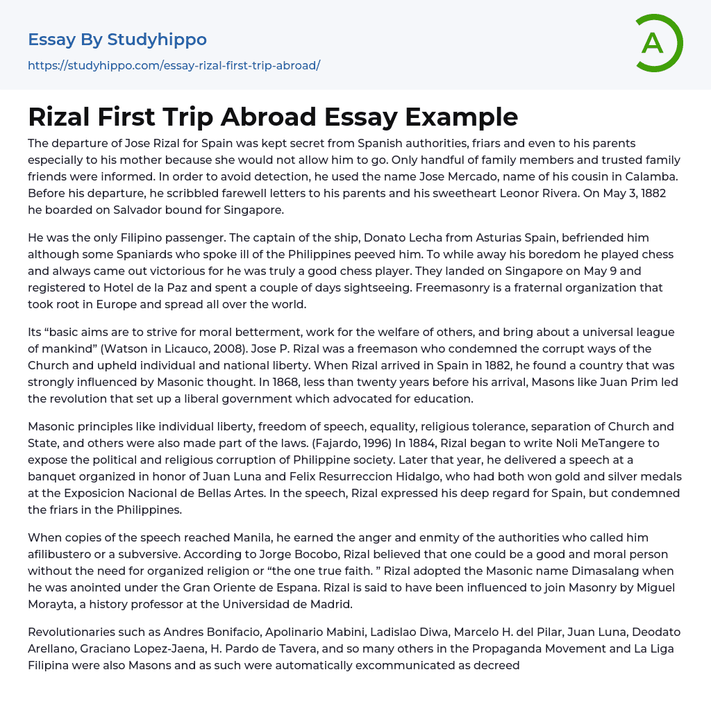Rizal First Trip Abroad Essay Example