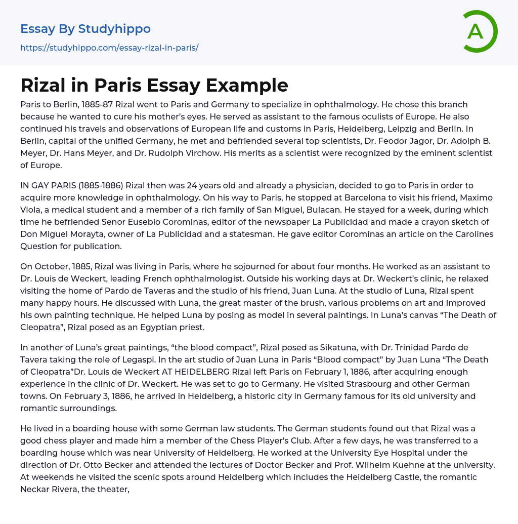 Rizal in Paris Essay Example