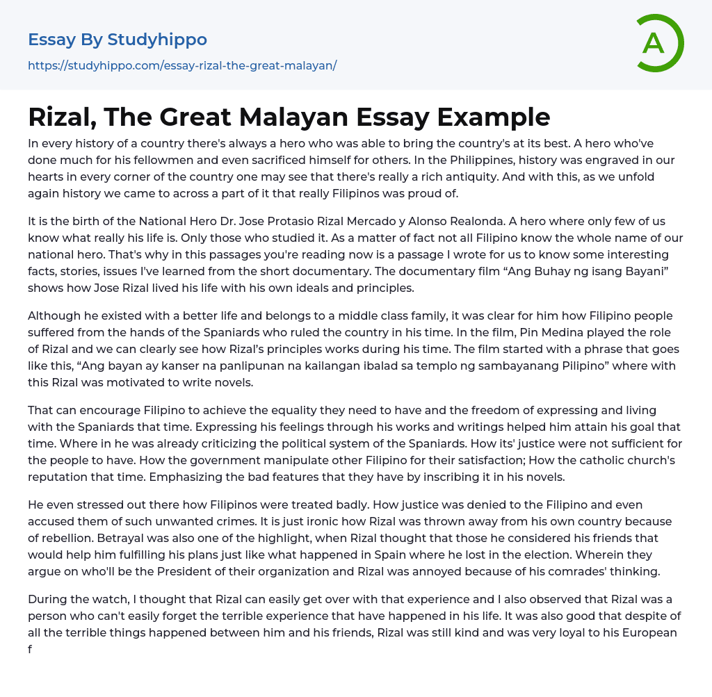 Rizal, The Great Malayan Essay Example