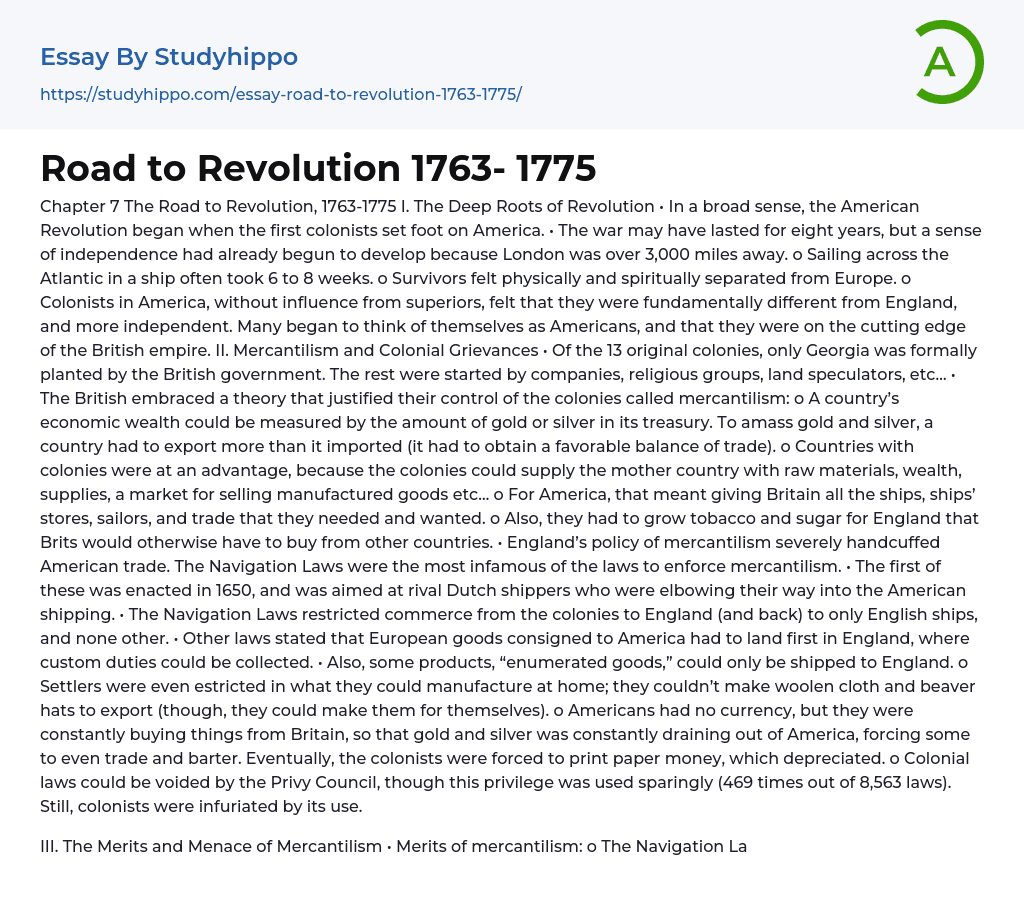 Road to Revolution 1763- 1775 Essay Example