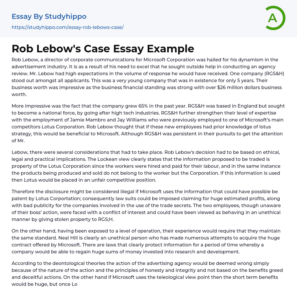 Rob Lebow’s Case Essay Example