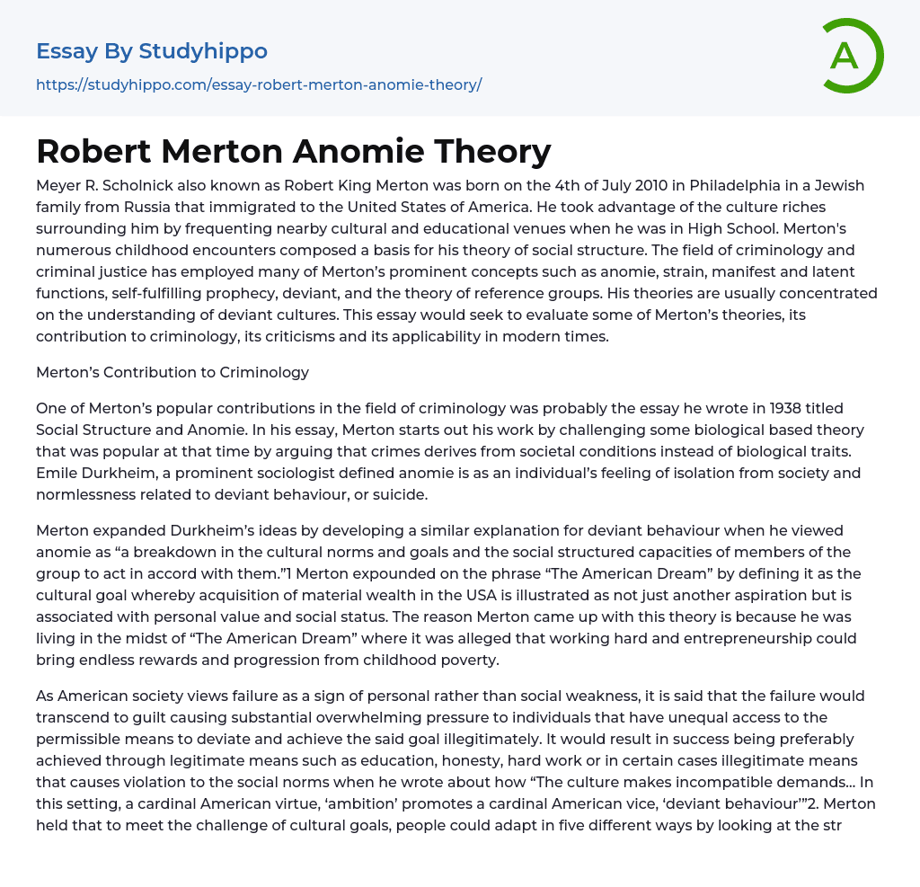 Robert Merton Anomie Theory Essay Example