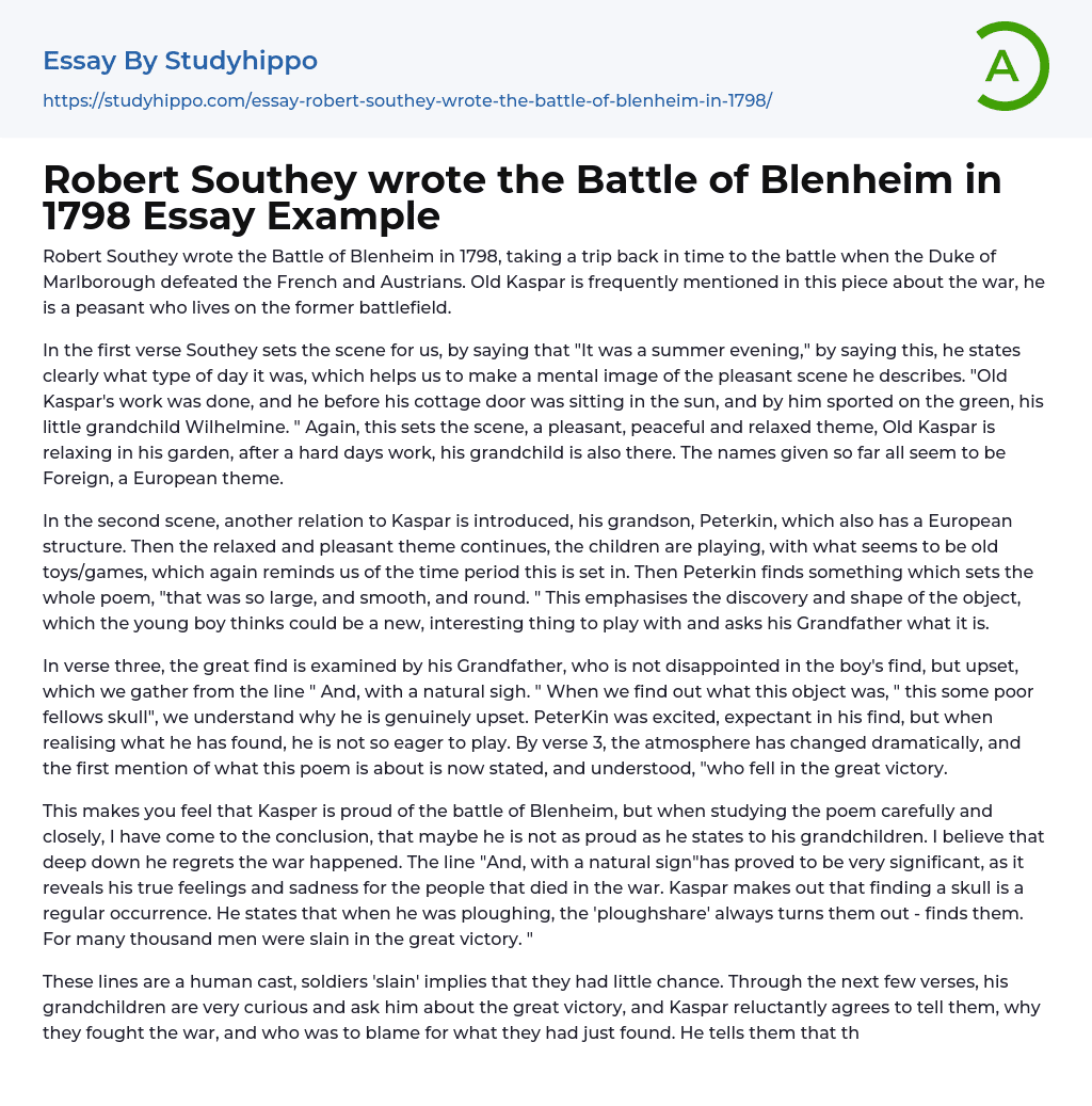 Robert Southey wrote the Battle of Blenheim in 1798 Essay Example