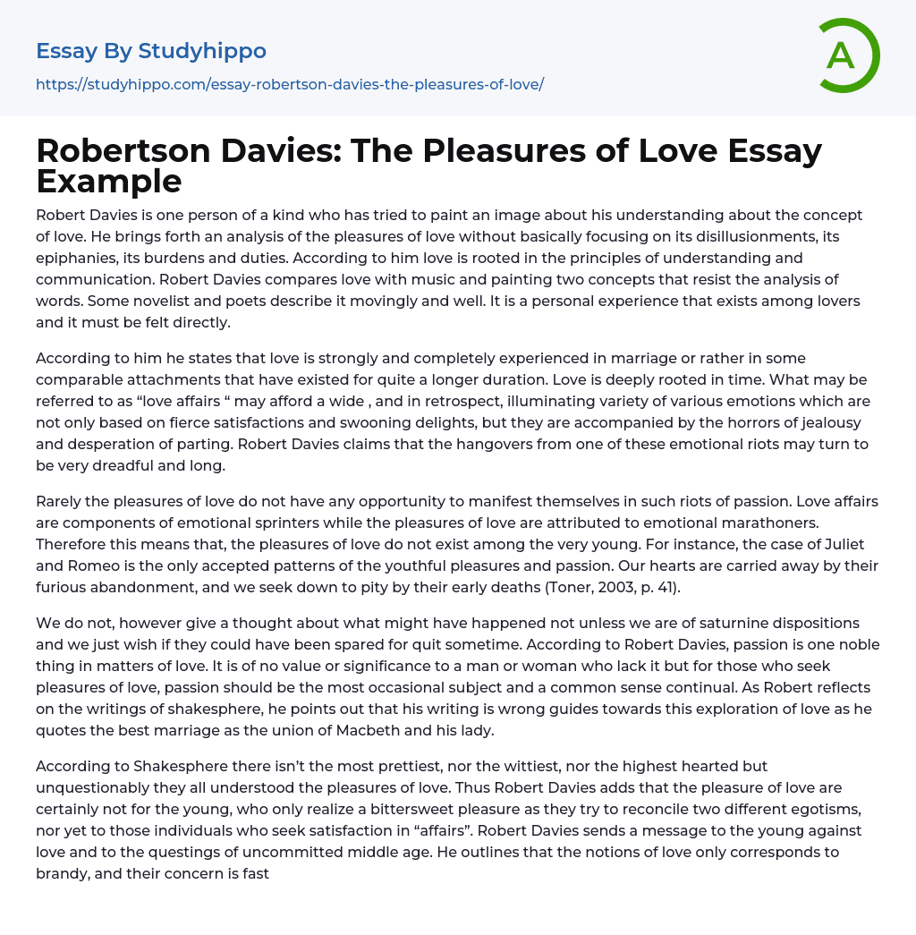 Robertson Davies: The Pleasures of Love Essay Example