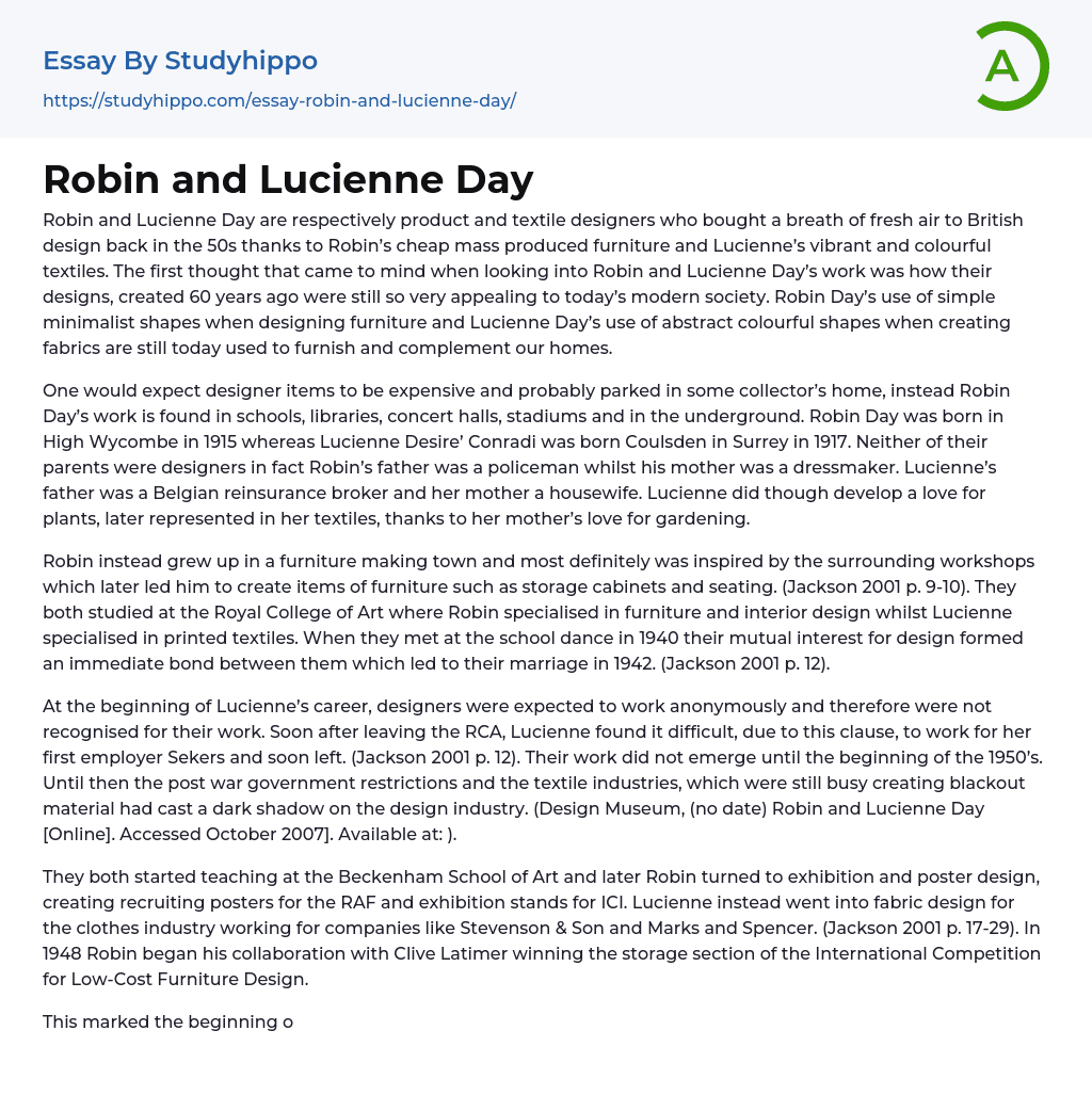 Robin and Lucienne Day Essay Example