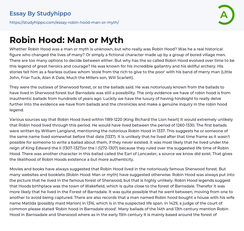 Robin Hood: Man or Myth Essay Example
