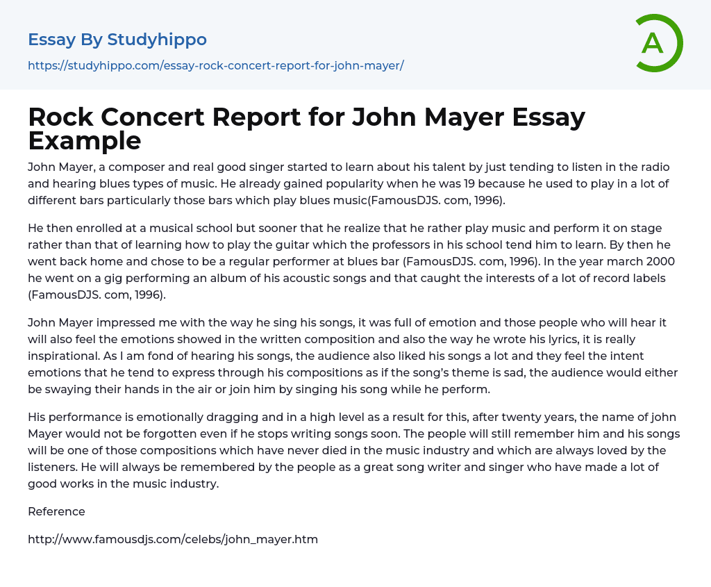 Rock Concert Report for John Mayer Essay Example