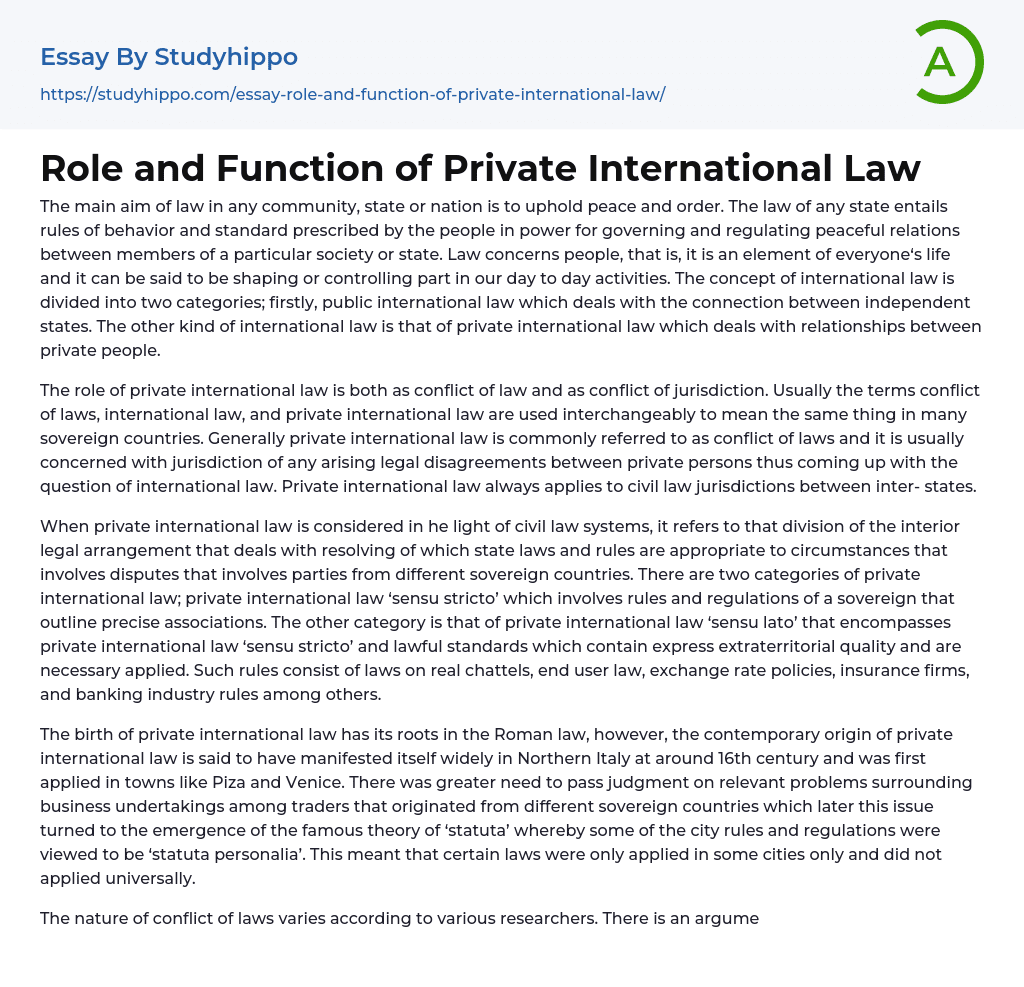 Role and Function of Private International Law Essay Example