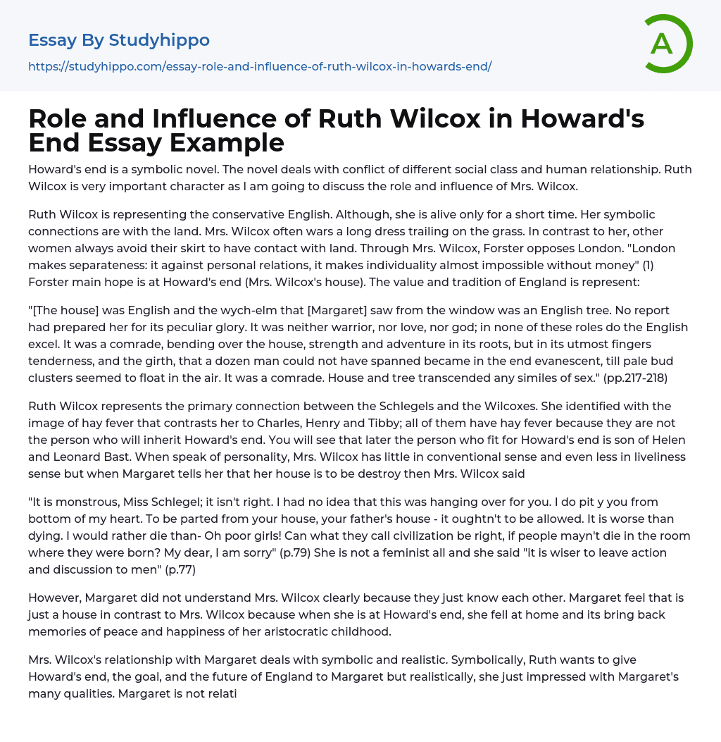 Role and Influence of Ruth Wilcox in Howard’s End Essay Example
