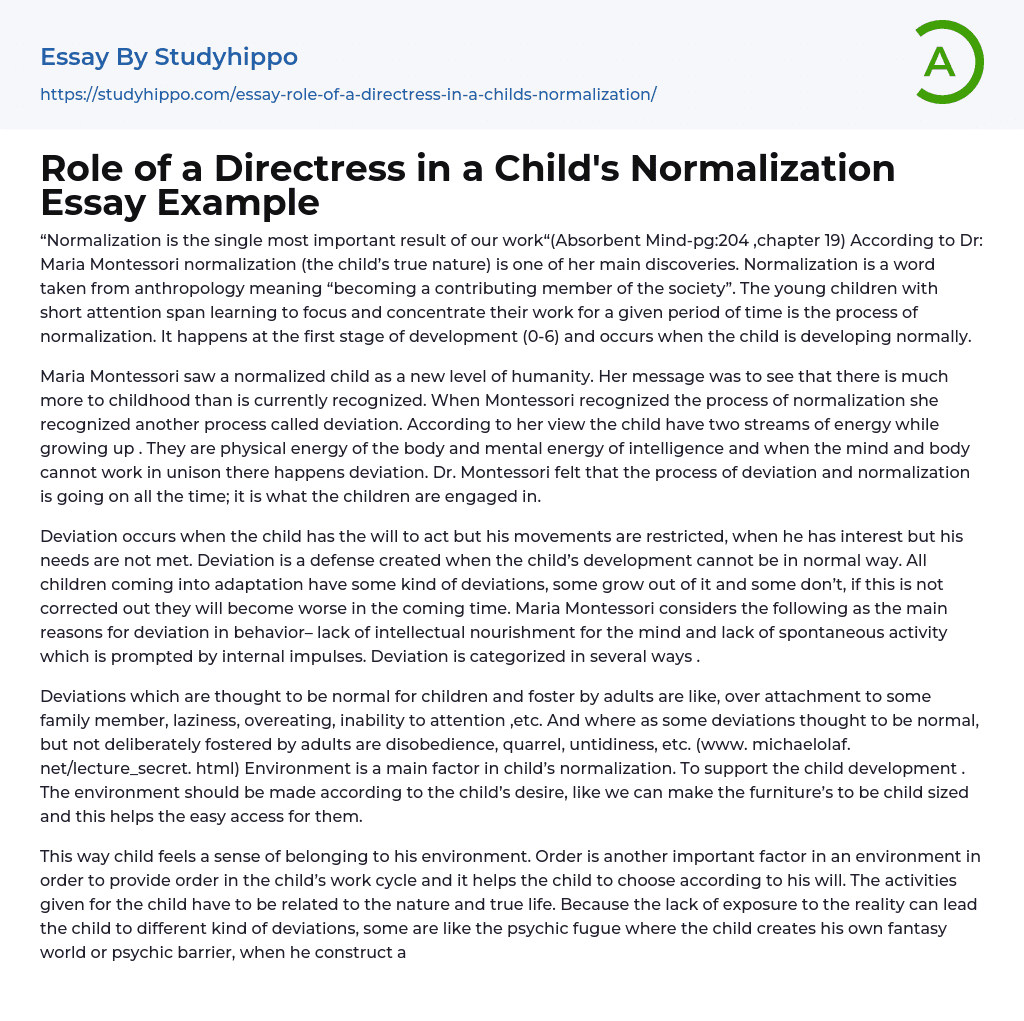 Role of a Directress in a Child’s Normalization Essay Example