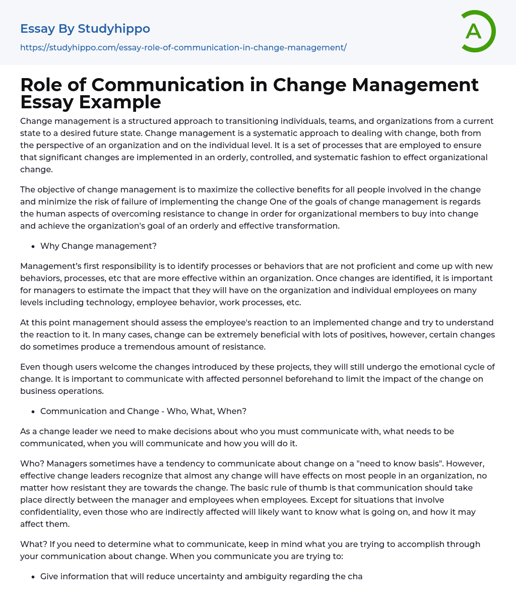 Role of Communication in Change Management Essay Example