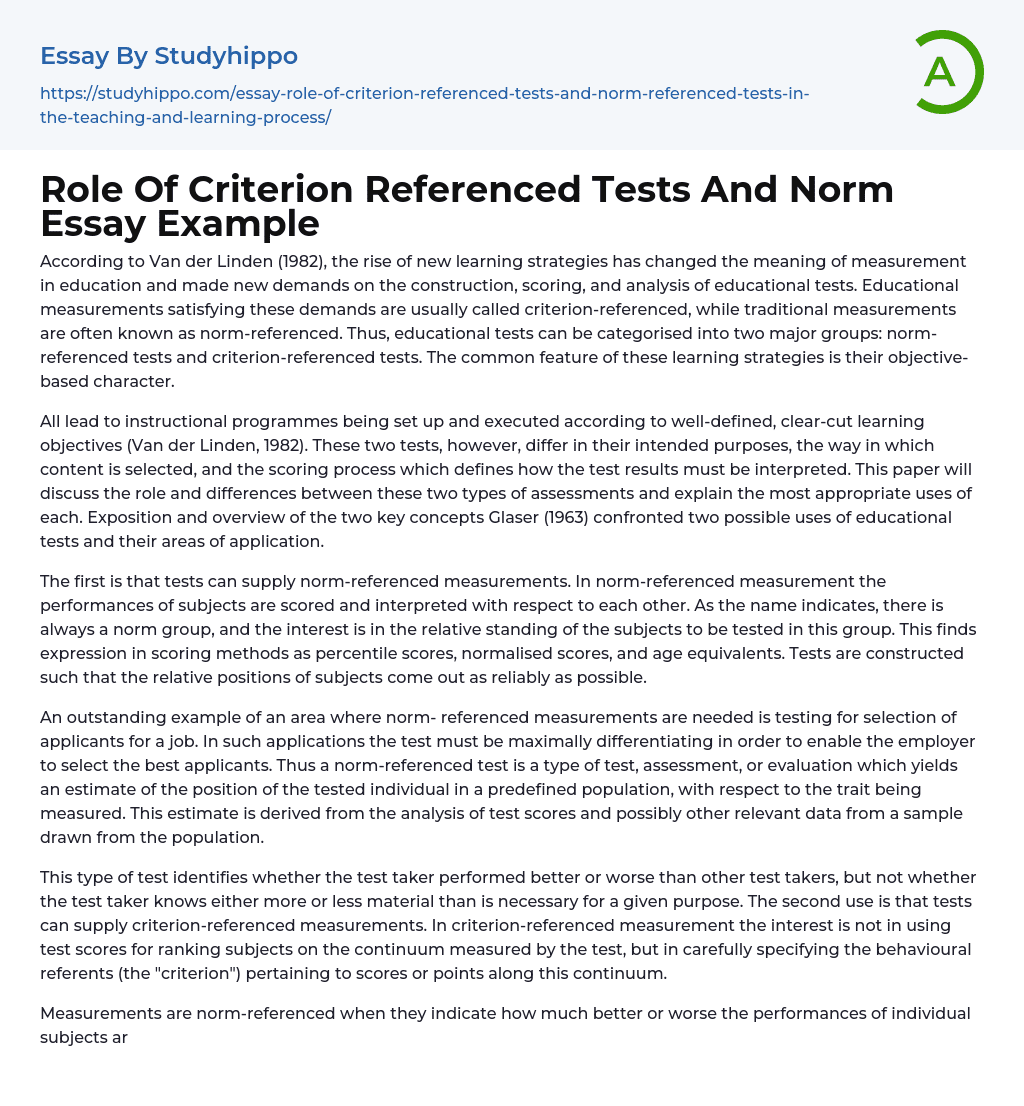 Role Of Criterion Referenced Tests And Norm Essay Example
