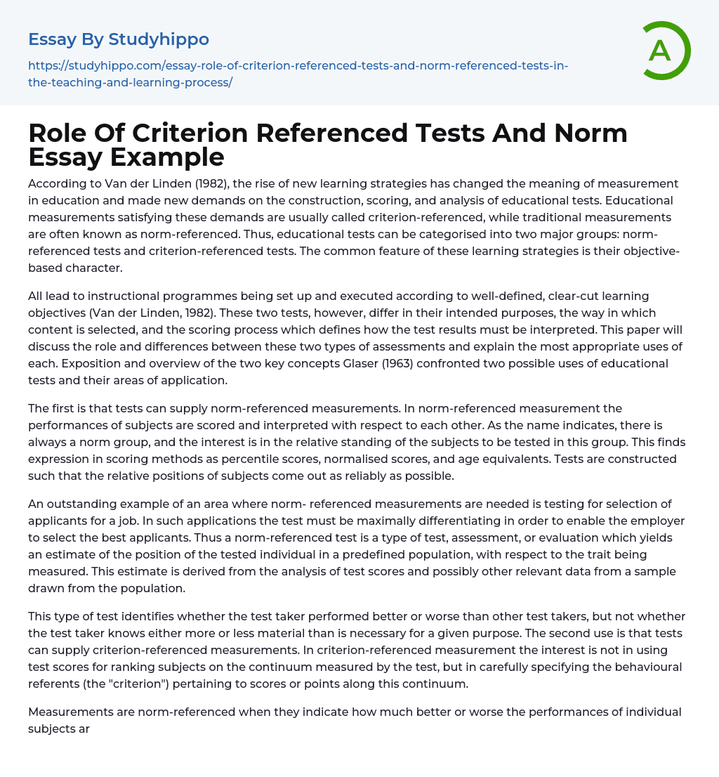 Role Of Criterion Referenced Tests And Norm Essay Example StudyHippo