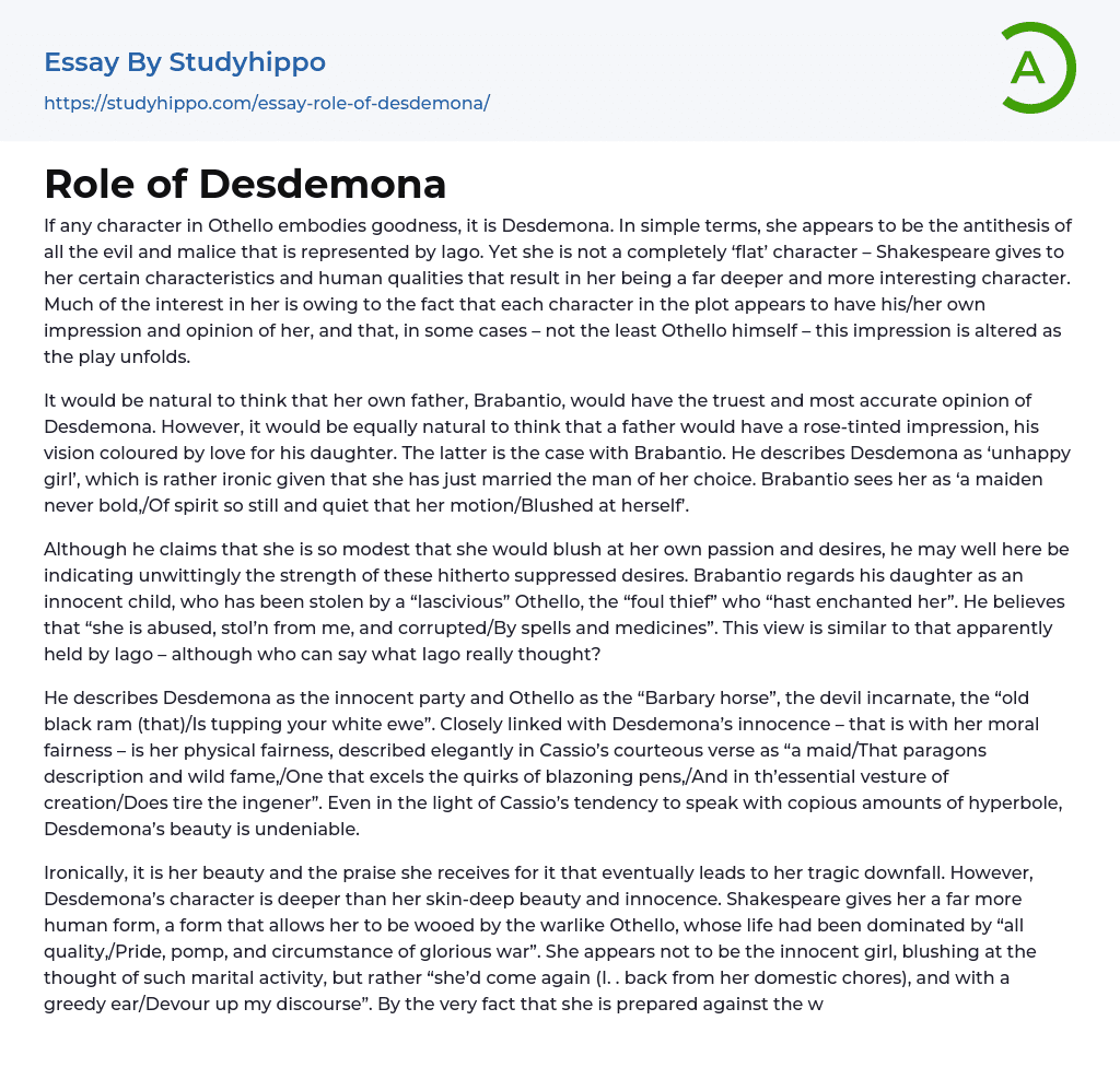 Role of Desdemona Essay Example