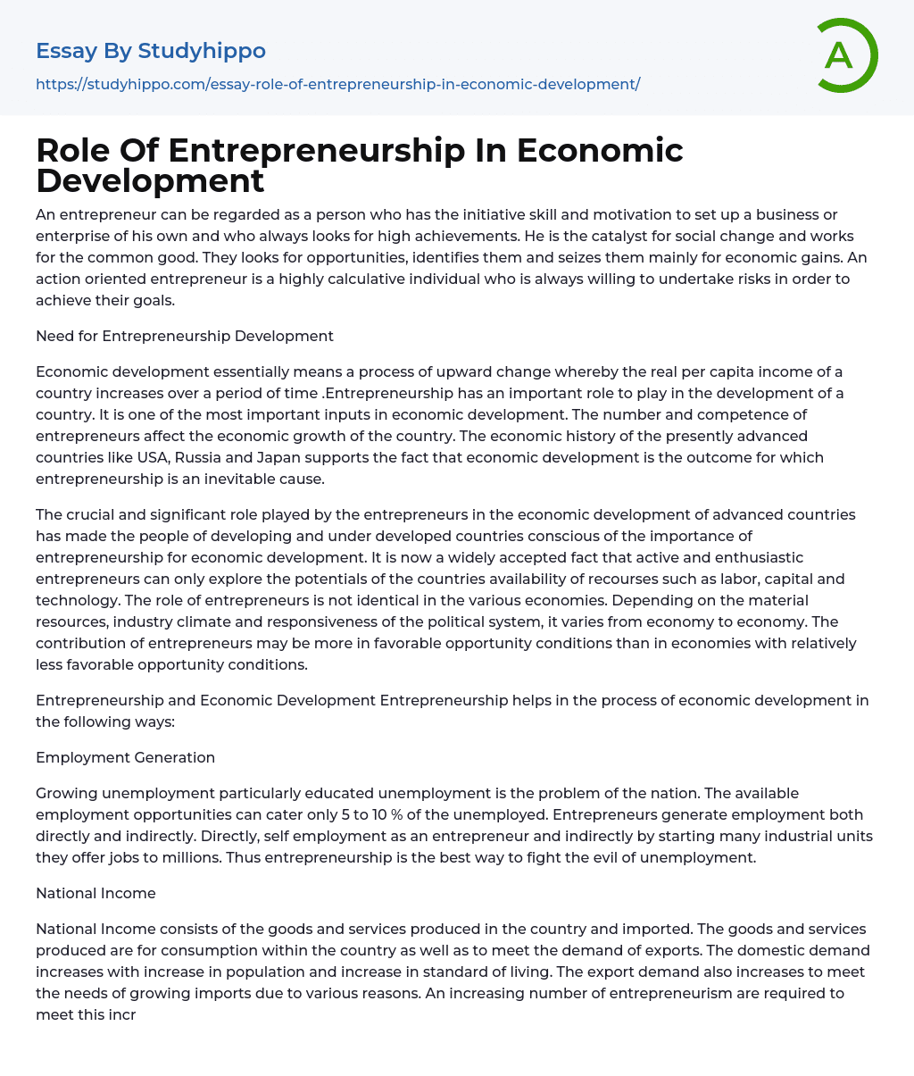 role of entrepreneurship in economic development research paper
