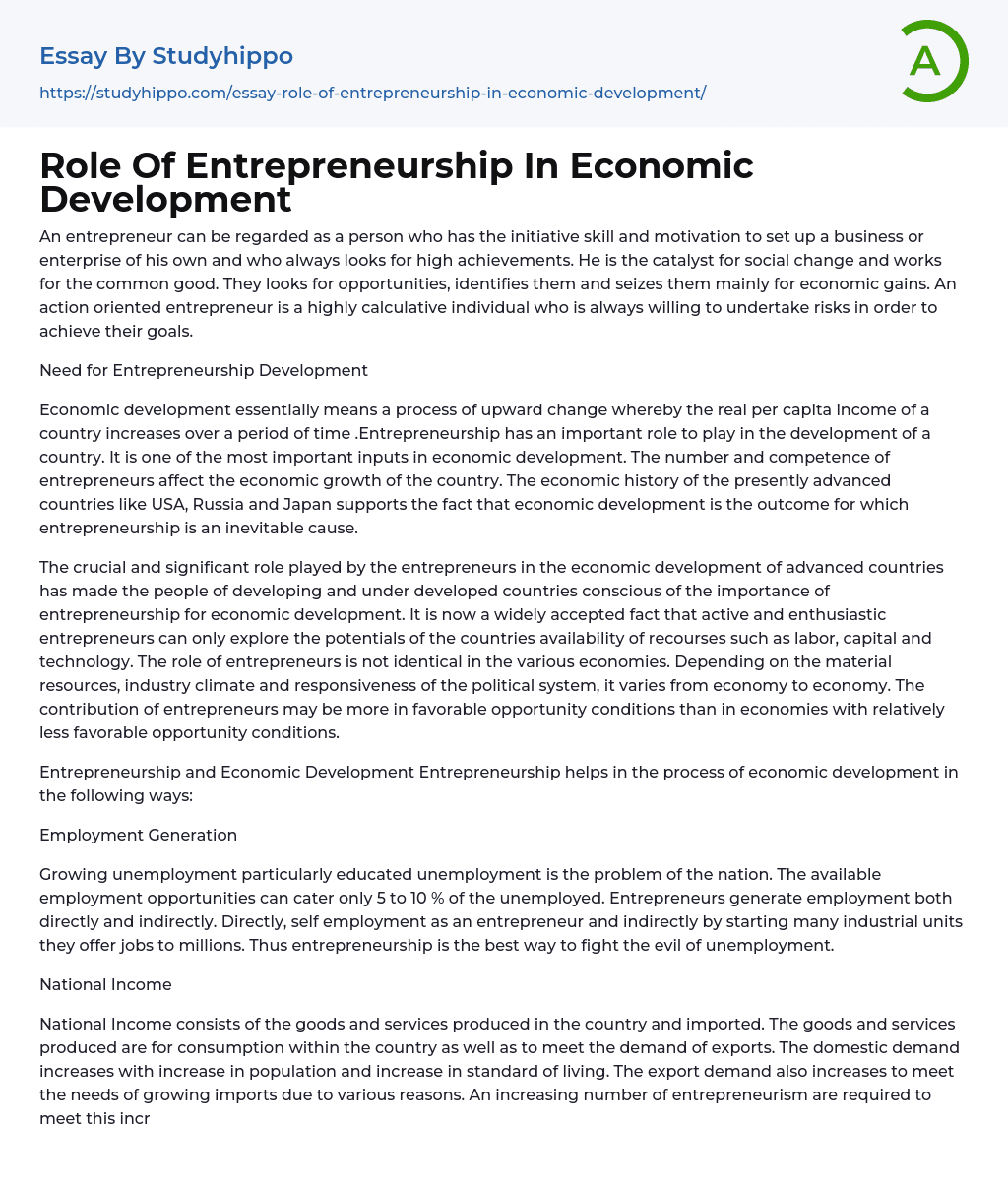 Role Of Entrepreneurship In Economic Development Essay Example 