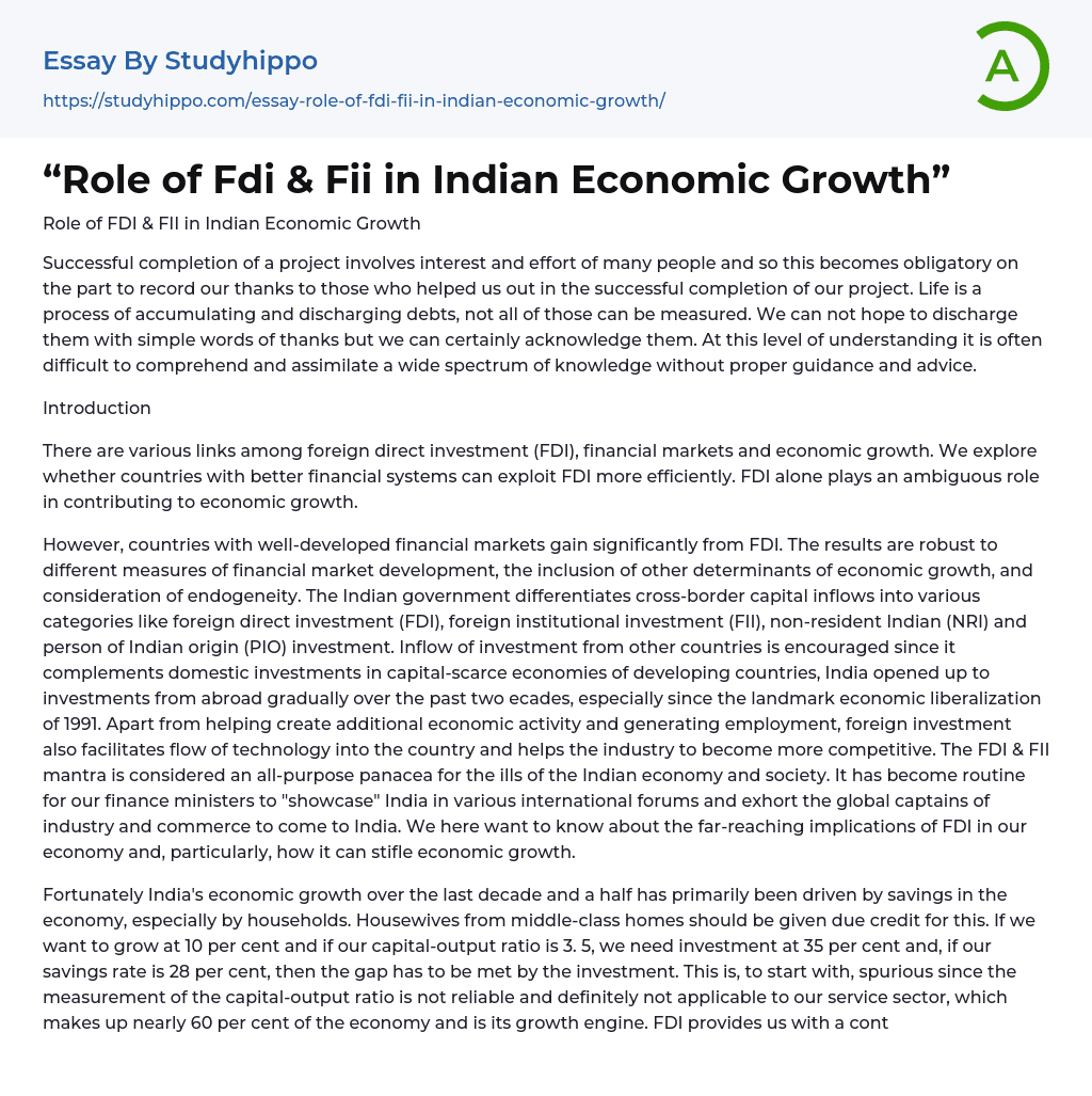 “Role of Fdi & Fii in Indian Economic Growth” Essay Example