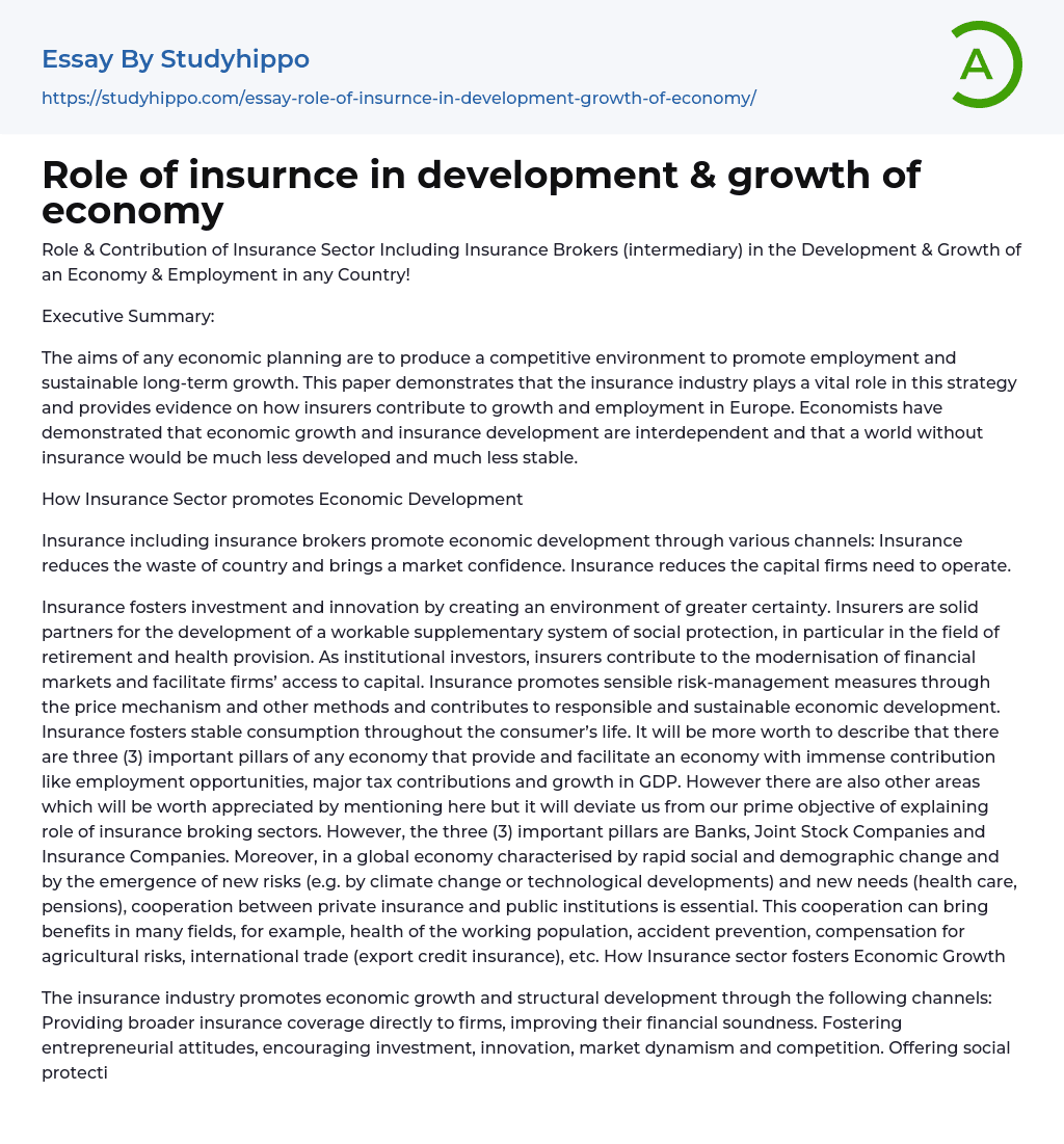 Role of insurnce in development & growth of economy Essay Example